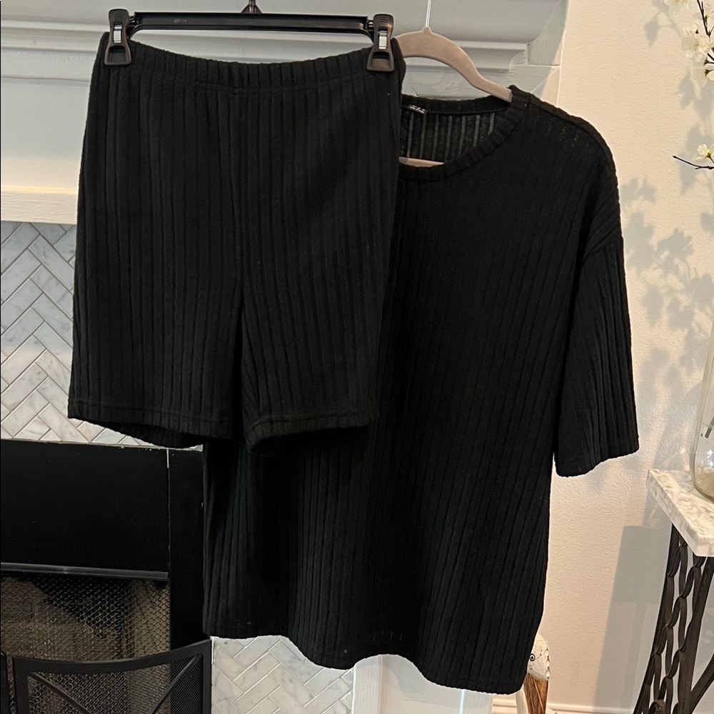 Black Ribbed Knit Top and Shorts Set